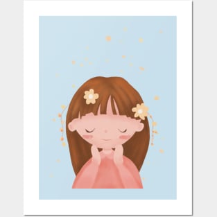 Cute little girl with yellow flowers Posters and Art